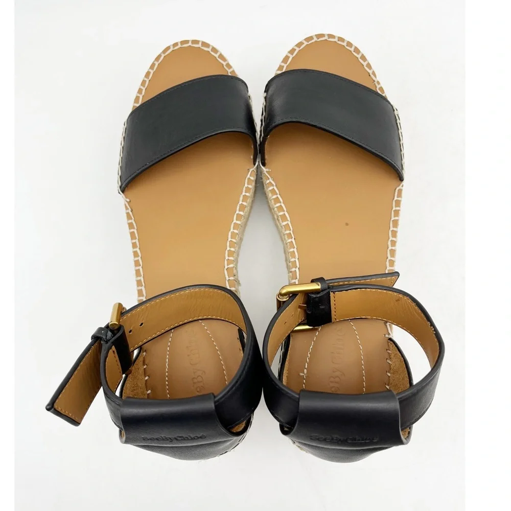 See By Chloe Black Leather Espadrille Platform Sandals